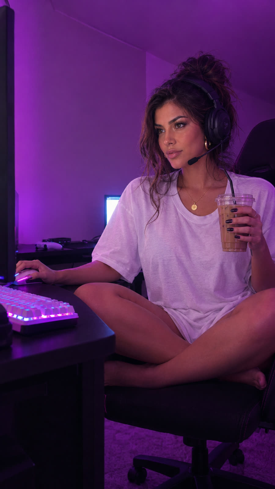 AI-generated image of Linda: in a white tee with a headset and mic, iced coffee in hand, at a friend's gaming desk