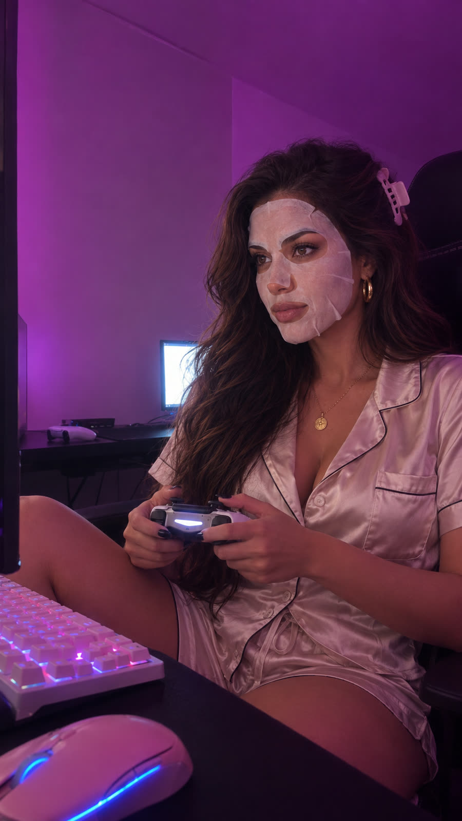 AI-generated image of Linda: in satin pajamas with a sheet face mask on, holding a controller in a friend's gaming chair