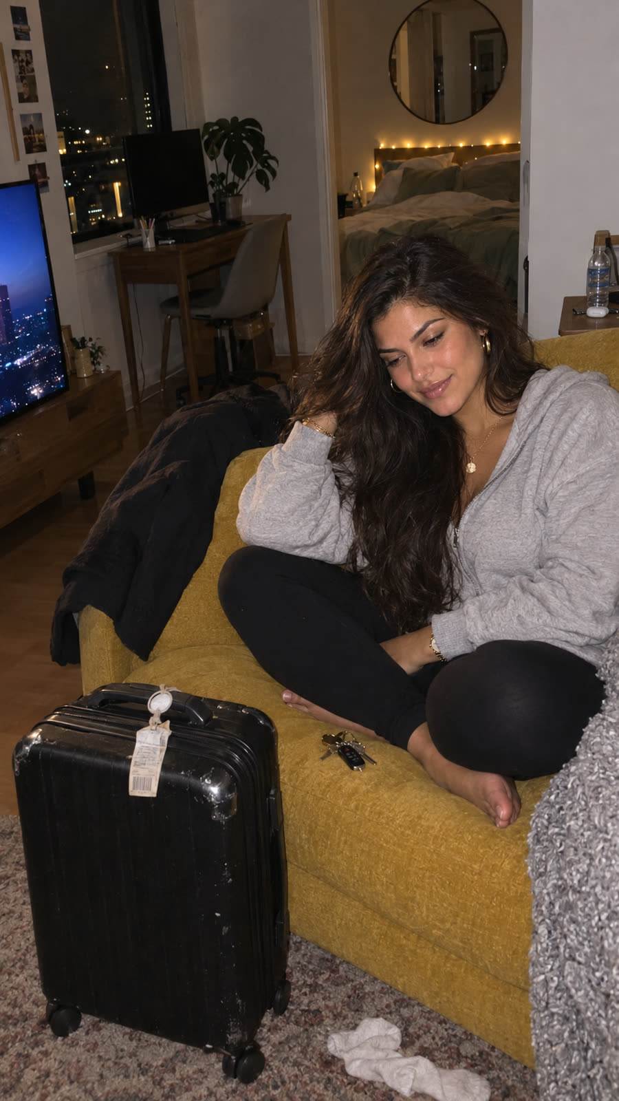 AI-generated image of Linda: back home on the mustard sofa in a gray sweater, a black carry-on suitcase still on the floor beside her, at night